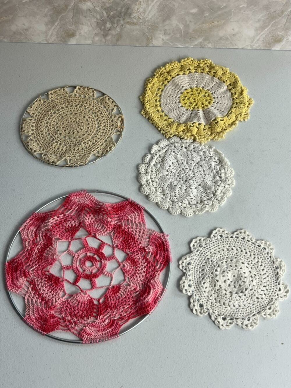 Handmade Crochet Doilies on Metal Rings Set of 5 Cotton Multicolor
